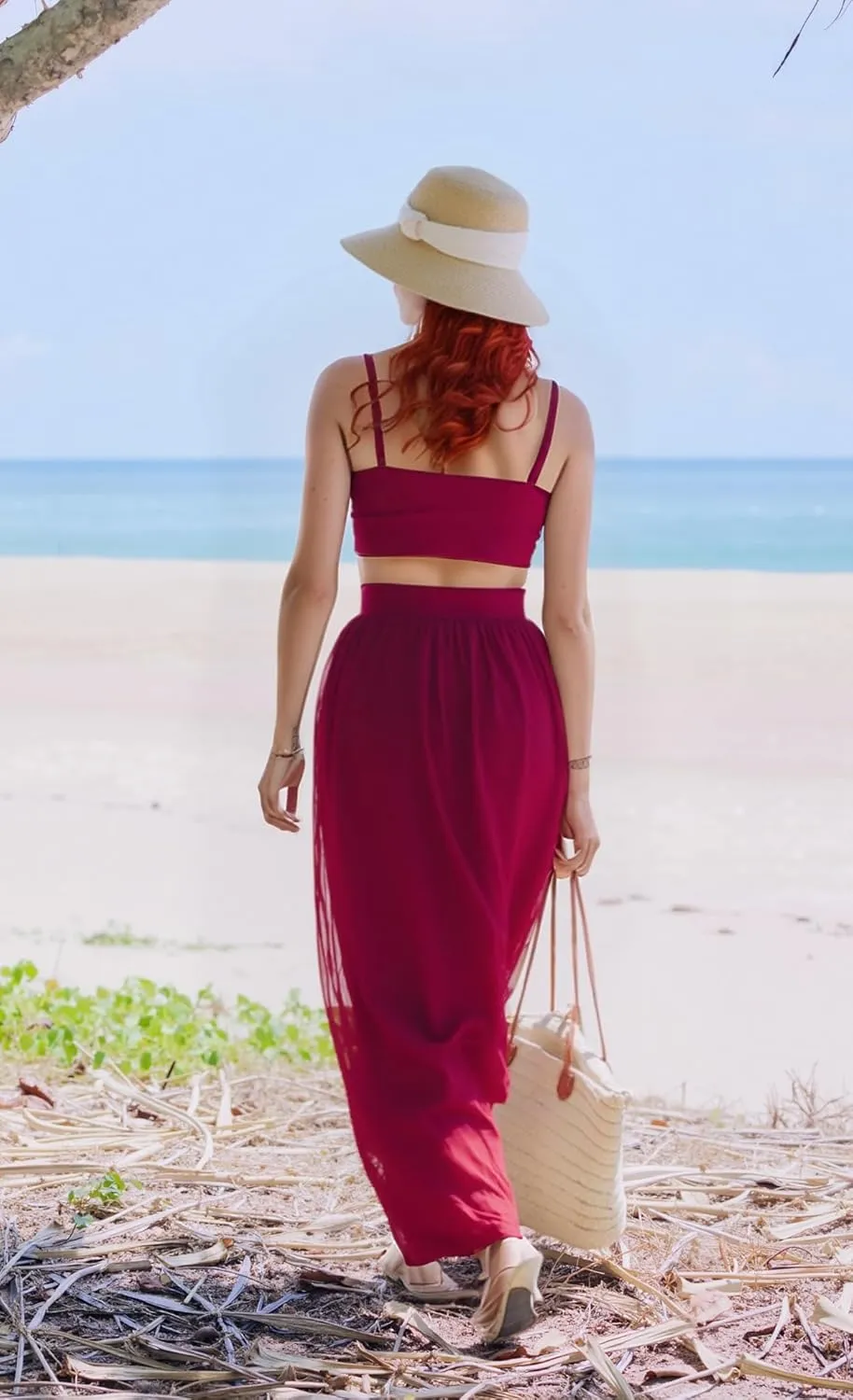 Women Sexy 2 Piece Outfits Dress Chiffon Strap Deep V Neck Bra Crop Top High Split Maxi Dresses Skirt Set