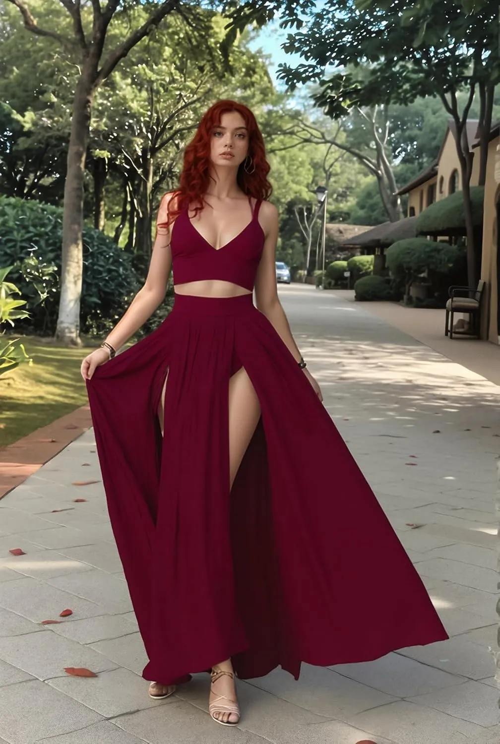 Women Sexy 2 Piece Outfits Dress Chiffon Strap Deep V Neck Bra Crop Top High Split Maxi Dresses Skirt Set