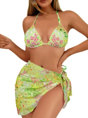Women Sexy 3 Piece Floral Smocked Bikini Set, Halter Triangle Tie String Swimsuit, Thong Bathing Suit Cover Up Skirt