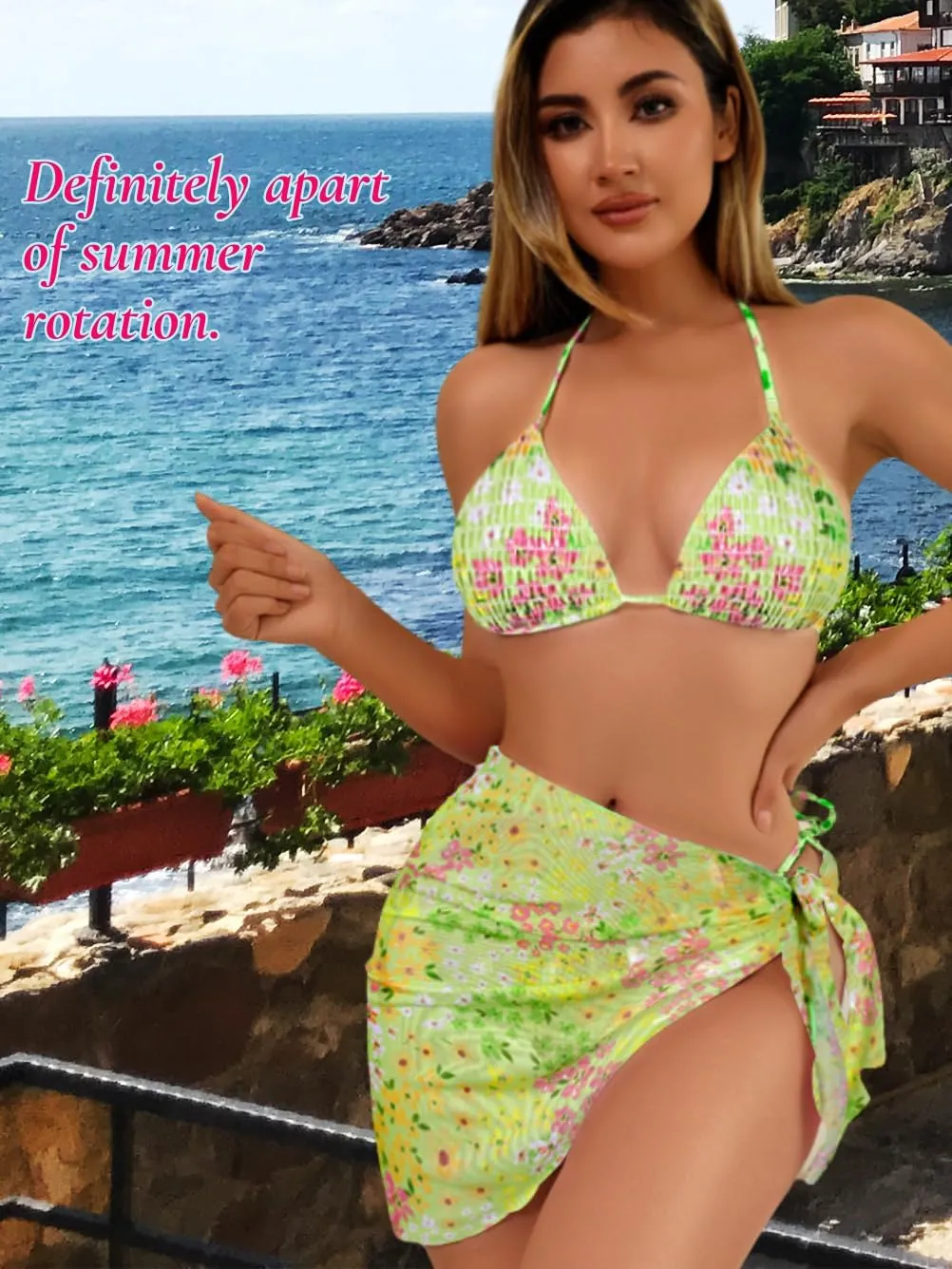 Women Sexy 3 Piece Floral Smocked Bikini Set, Halter Triangle Tie String Swimsuit, Thong Bathing Suit Cover Up Skirt