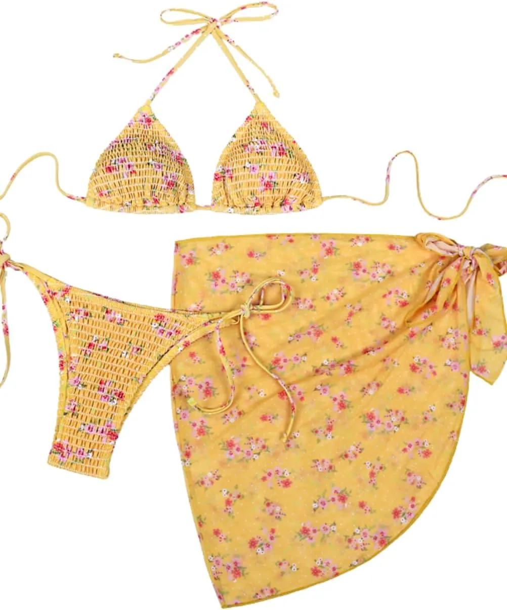Women Sexy 3 Piece Floral Smocked Bikini Set, Halter Triangle Tie String Swimsuit, Thong Bathing Suit Cover Up Skirt
