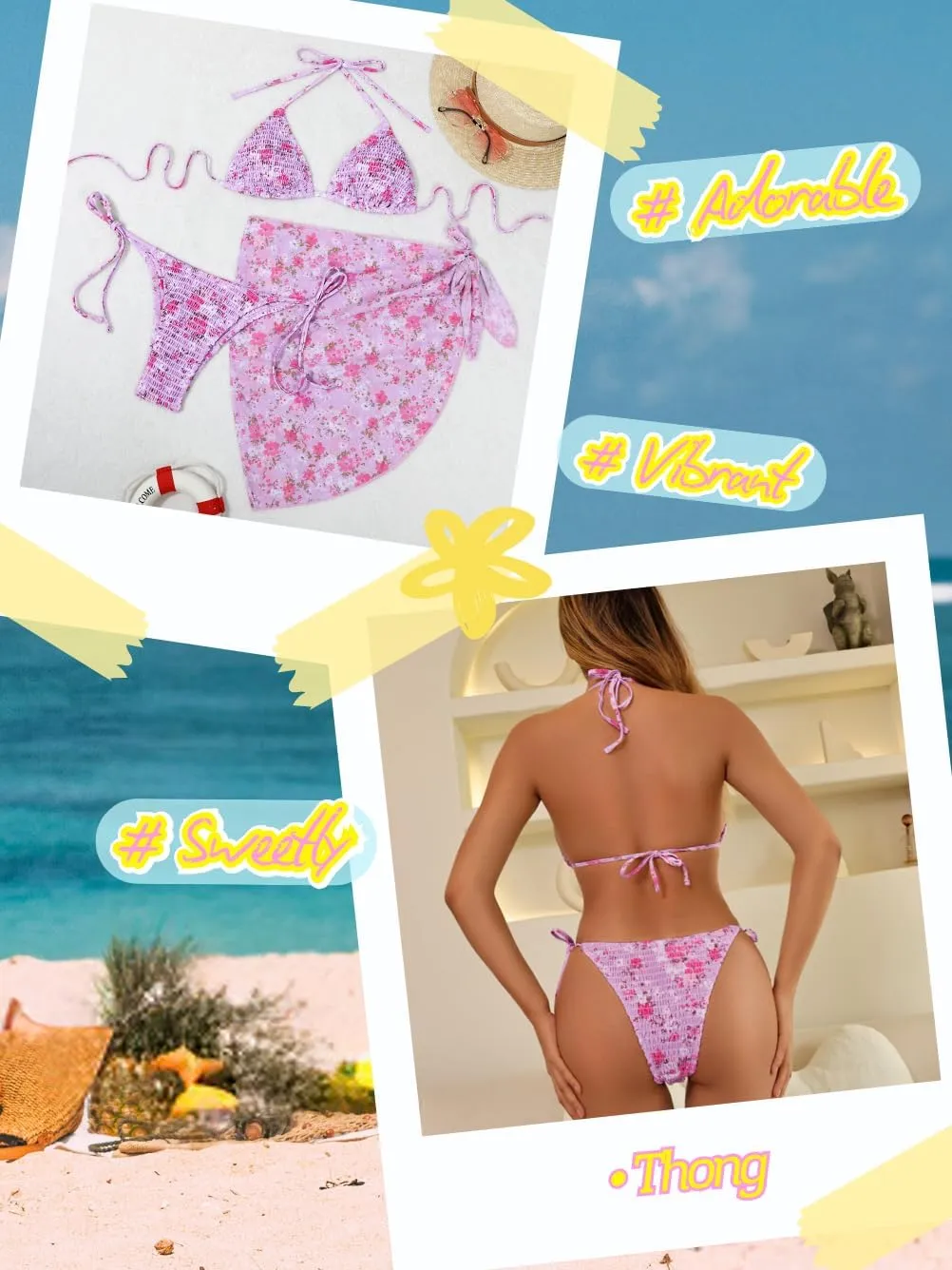 Women Sexy 3 Piece Floral Smocked Bikini Set, Halter Triangle Tie String Swimsuit, Thong Bathing Suit Cover Up Skirt