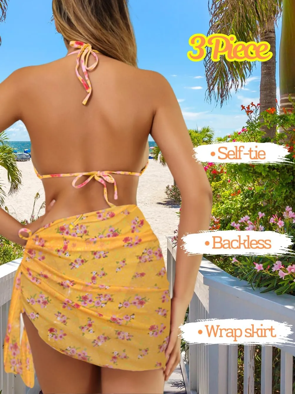Women Sexy 3 Piece Floral Smocked Bikini Set, Halter Triangle Tie String Swimsuit, Thong Bathing Suit Cover Up Skirt