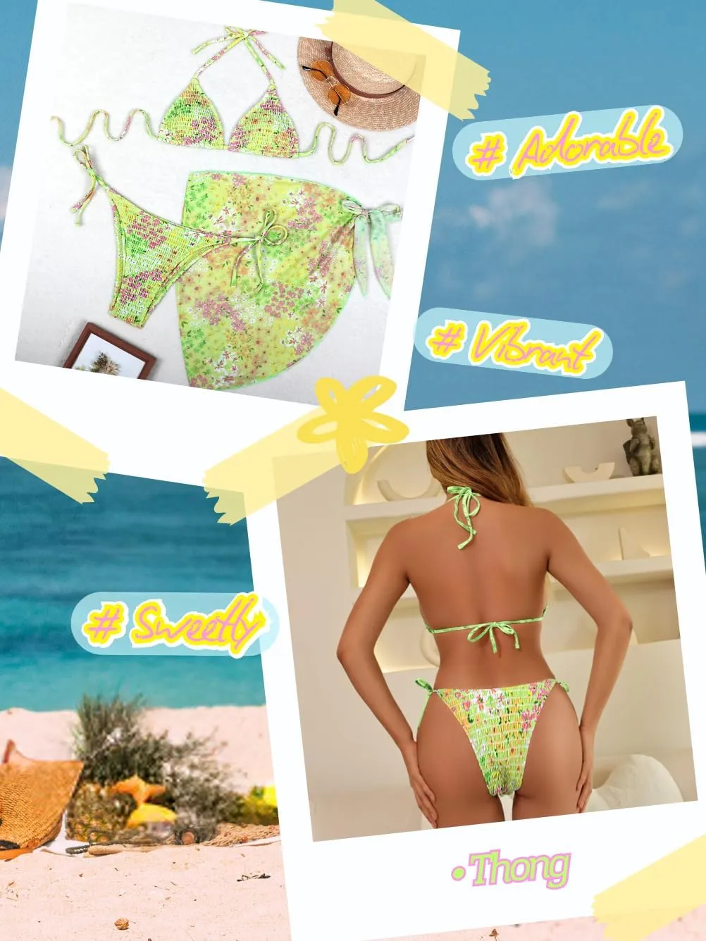 Women Sexy 3 Piece Floral Smocked Bikini Set, Halter Triangle Tie String Swimsuit, Thong Bathing Suit Cover Up Skirt