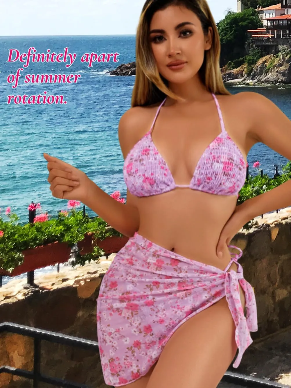 Women Sexy 3 Piece Floral Smocked Bikini Set, Halter Triangle Tie String Swimsuit, Thong Bathing Suit Cover Up Skirt