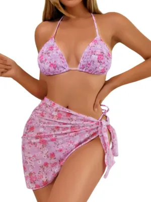 Women Sexy 3 Piece Floral Smocked Bikini Set, Halter Triangle Tie String Swimsuit, Thong Bathing Suit Cover Up Skirt