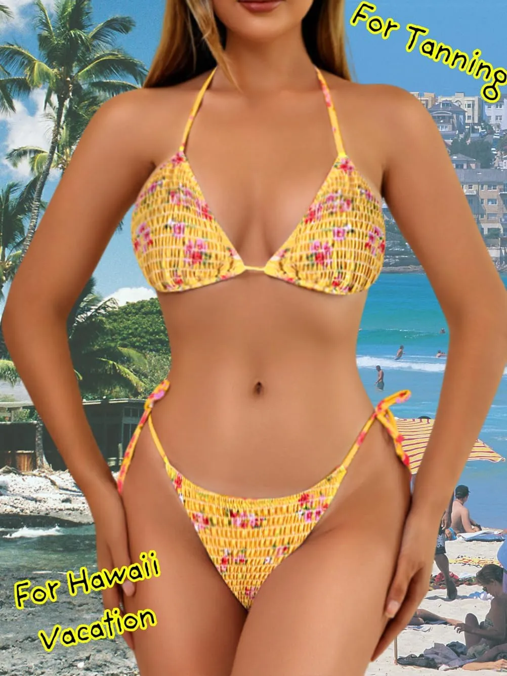 Women Sexy 3 Piece Floral Smocked Bikini Set, Halter Triangle Tie String Swimsuit, Thong Bathing Suit Cover Up Skirt