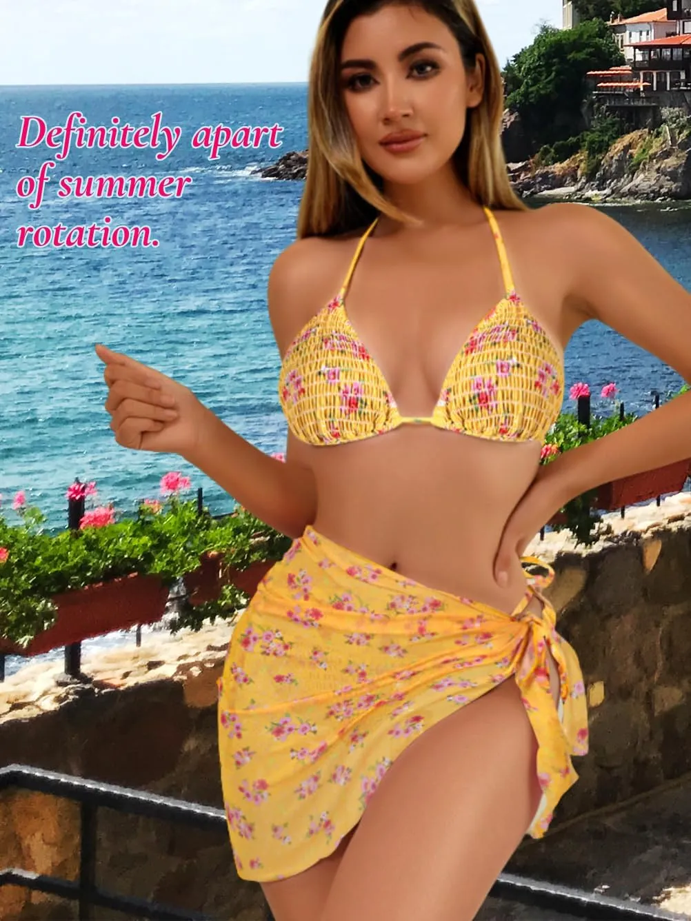 Women Sexy 3 Piece Floral Smocked Bikini Set, Halter Triangle Tie String Swimsuit, Thong Bathing Suit Cover Up Skirt