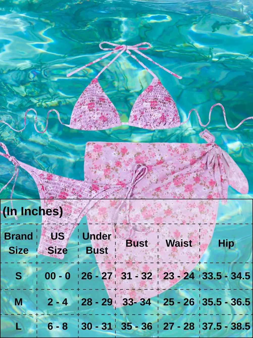 Women Sexy 3 Piece Floral Smocked Bikini Set, Halter Triangle Tie String Swimsuit, Thong Bathing Suit Cover Up Skirt