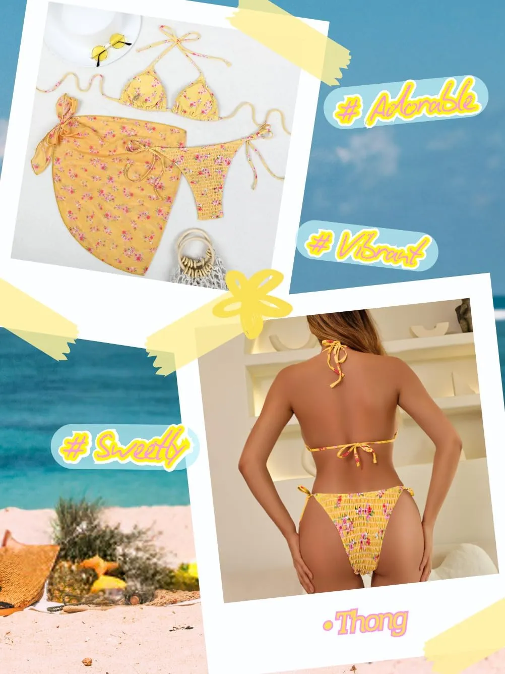 Women Sexy 3 Piece Floral Smocked Bikini Set, Halter Triangle Tie String Swimsuit, Thong Bathing Suit Cover Up Skirt