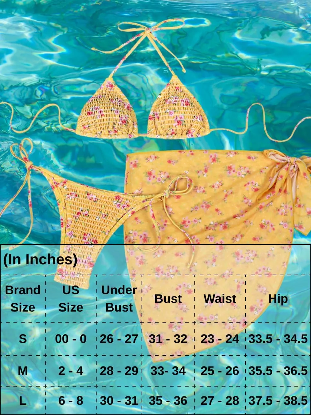 Women Sexy 3 Piece Floral Smocked Bikini Set, Halter Triangle Tie String Swimsuit, Thong Bathing Suit Cover Up Skirt