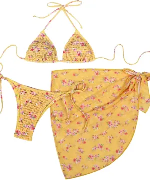 Women Sexy 3 Piece Floral Smocked Bikini Set, Halter Triangle Tie String Swimsuit, Thong Bathing Suit Cover Up Skirt