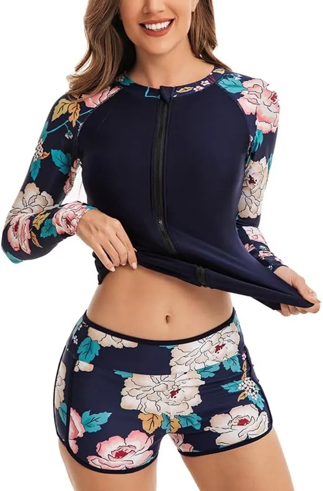 Women Two Piece Rash Guard Long Sleeve Bathing Suit UV Block Swimsuits Boy Shorts Bottom Swim Shirt
