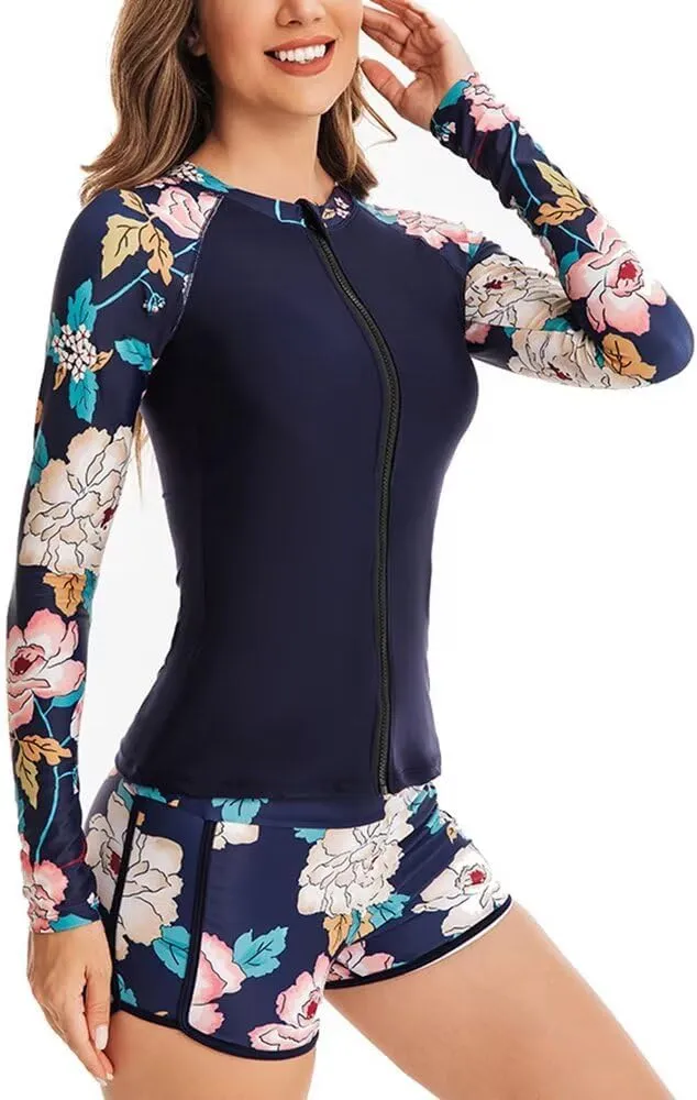 Women Two Piece Rash Guard Long Sleeve Bathing Suit UV Block Swimsuits Boy Shorts Bottom Swim Shirt