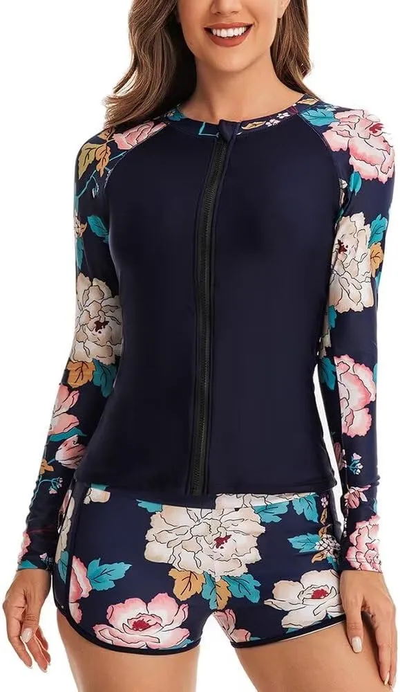 Women Two Piece Rash Guard Long Sleeve Bathing Suit UV Block Swimsuits Boy Shorts Bottom Swim Shirt