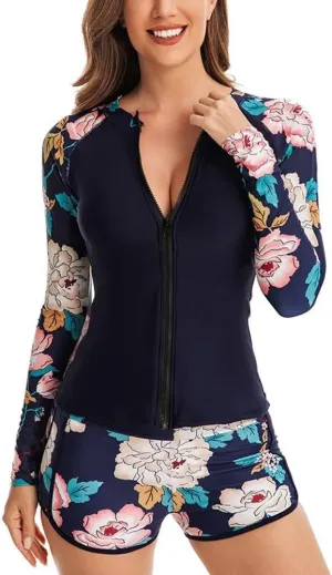 Women Two Piece Rash Guard Long Sleeve Bathing Suit UV Block Swimsuits Boy Shorts Bottom Swim Shirt