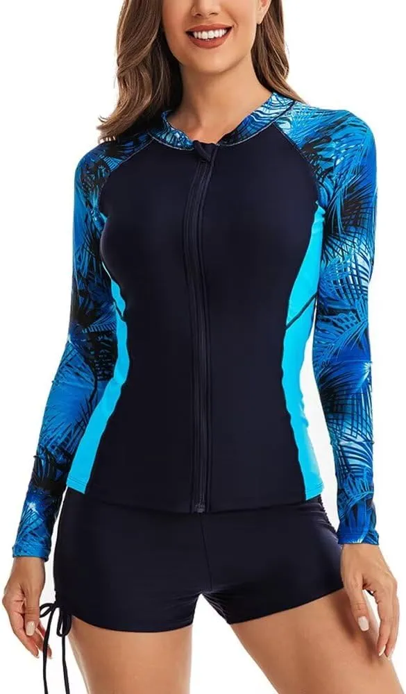 Women Two Piece Rash Guard Long Sleeve Bathing Suit UV Block Swimsuits Boy Shorts Bottom Swim Shirt