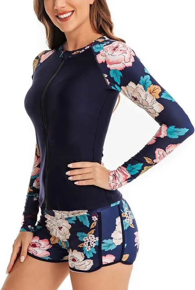 Women Two Piece Rash Guard Long Sleeve Bathing Suit UV Block Swimsuits Boy Shorts Bottom Swim Shirt