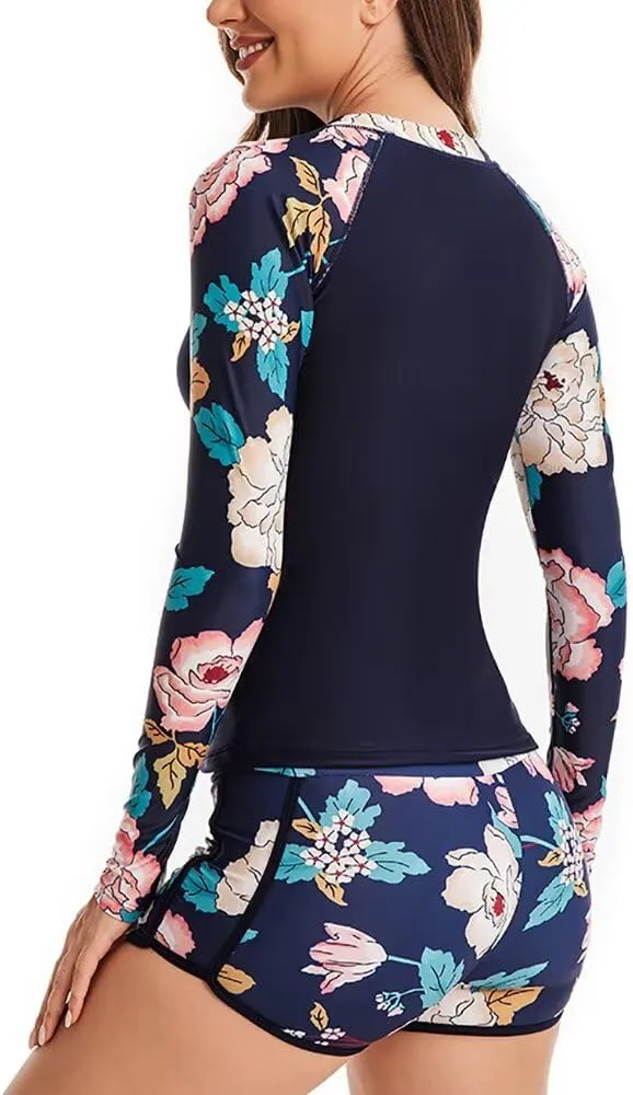Women Two Piece Rash Guard Long Sleeve Bathing Suit UV Block Swimsuits Boy Shorts Bottom Swim Shirt