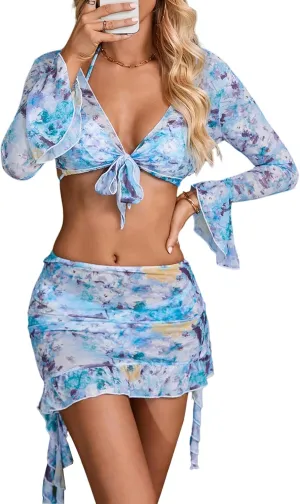 Women's 4 Piece Allover Print Bikini Halter Neck Triangle Set High Cut Bikini Swimsuit Bathing Suit