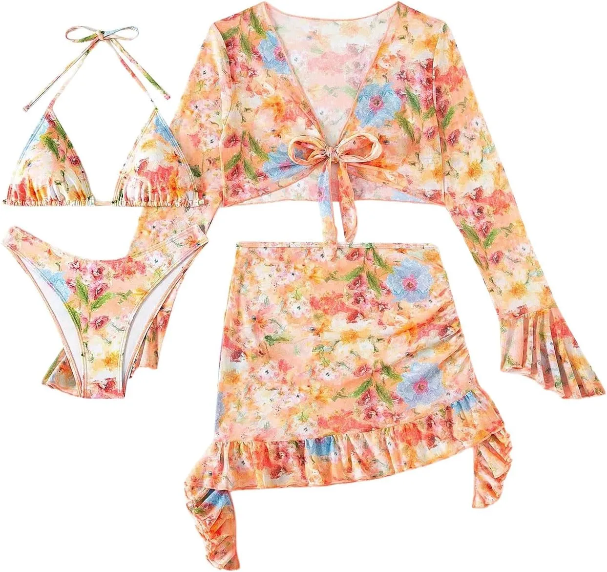 Women's 4 Piece Allover Print Bikini Halter Neck Triangle Set High Cut Bikini Swimsuit Bathing Suit