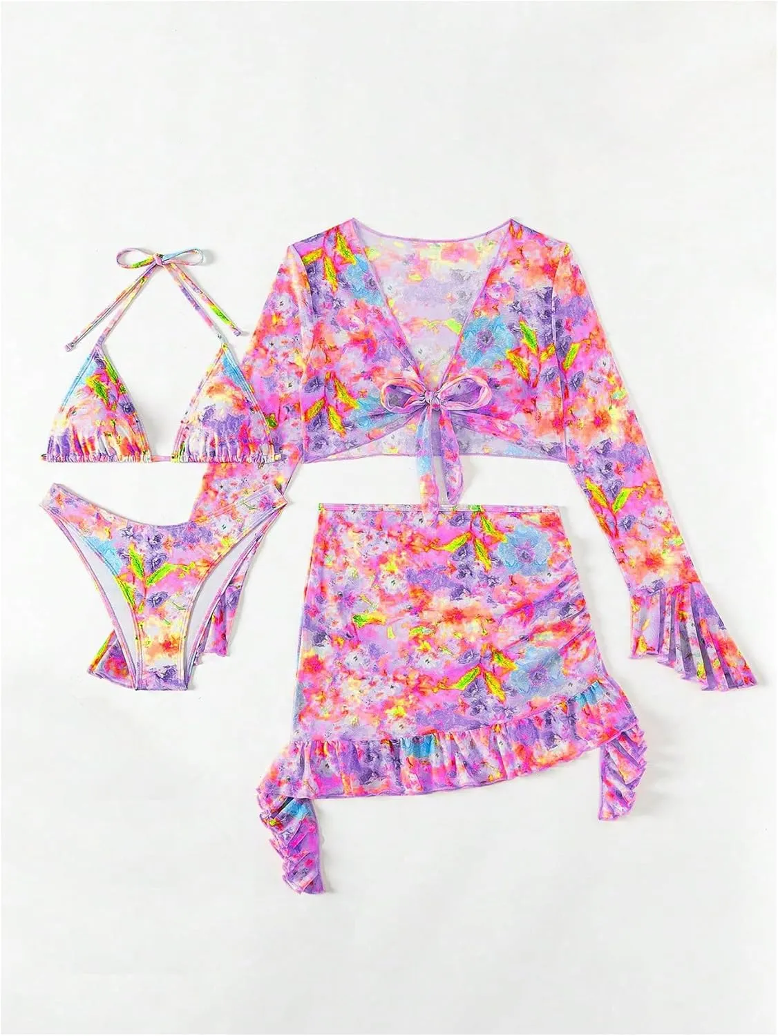 Women's 4 Piece Allover Print Bikini Halter Neck Triangle Set High Cut Bikini Swimsuit Bathing Suit