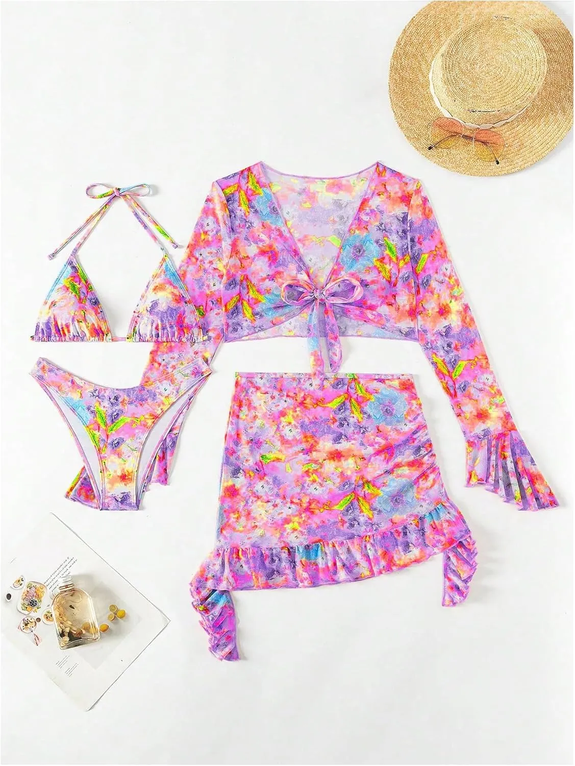 Women's 4 Piece Allover Print Bikini Halter Neck Triangle Set High Cut Bikini Swimsuit Bathing Suit