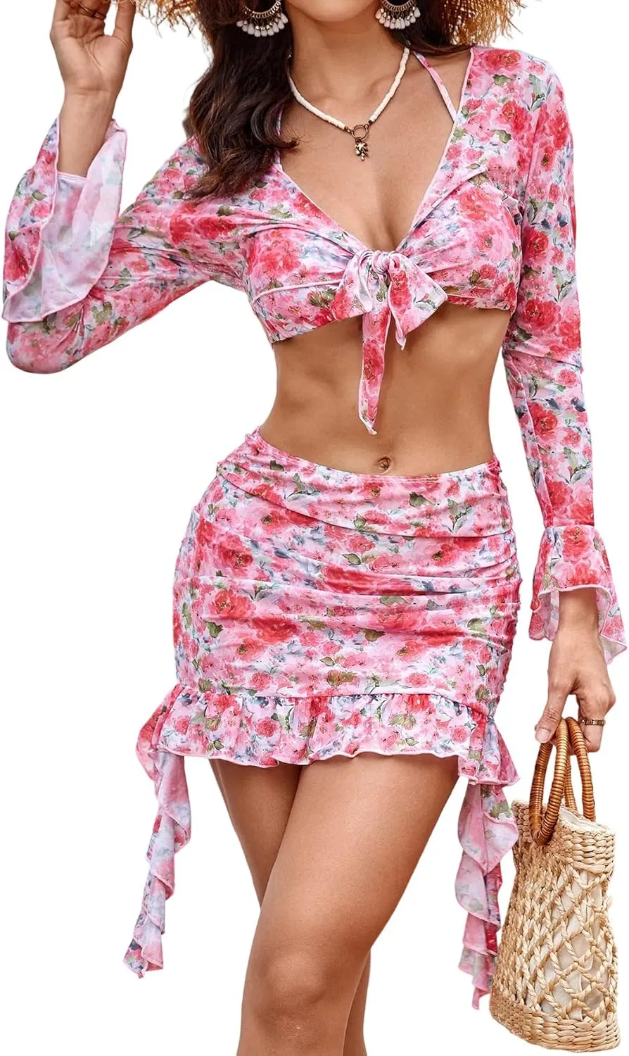 Women's 4 Piece Allover Print Bikini Halter Neck Triangle Set High Cut Bikini Swimsuit Bathing Suit