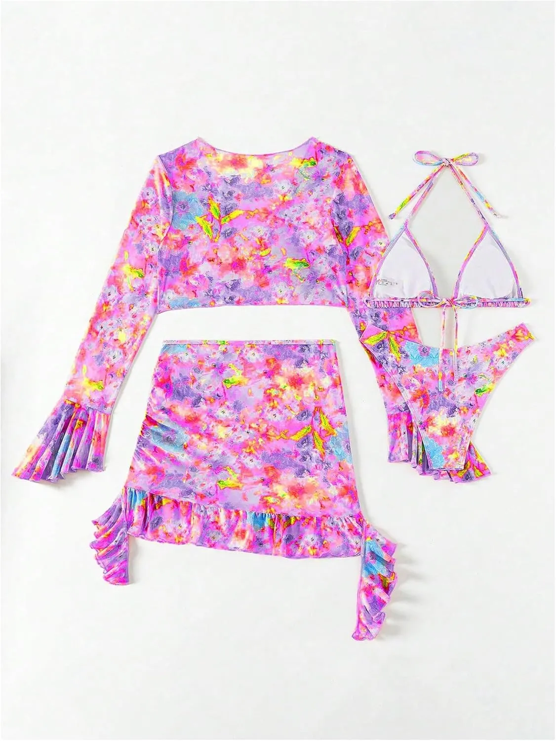 Women's 4 Piece Allover Print Bikini Halter Neck Triangle Set High Cut Bikini Swimsuit Bathing Suit