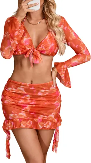 Women's 4 Piece Allover Print Bikini Halter Neck Triangle Set High Cut Bikini Swimsuit Bathing Suit
