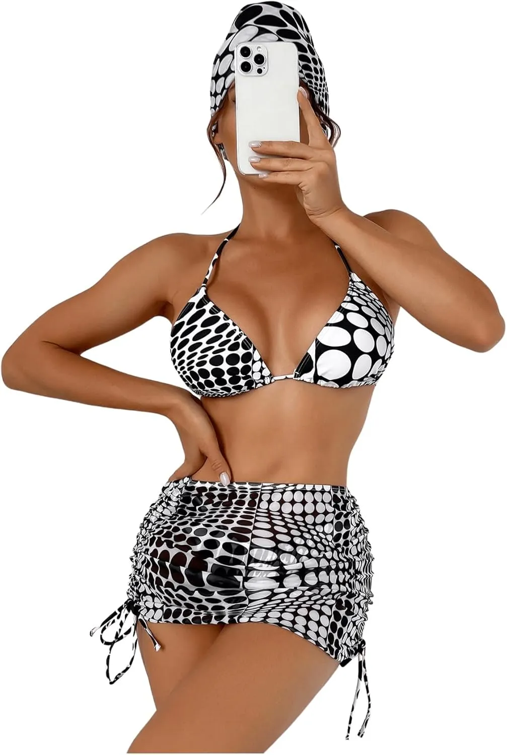 Women's 4 Piece Swimsuits Halter Triangle Bikini Sets Bathing Suit with Mesh Cover Up Skirt & Bandana