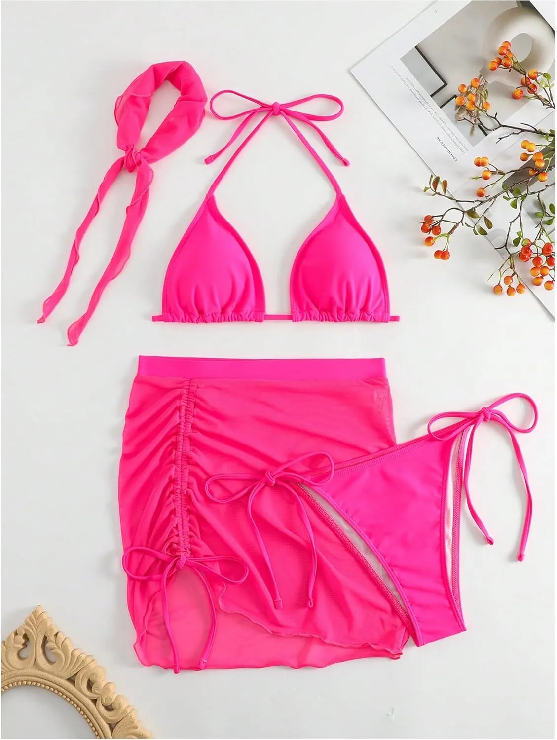 Women's 4 Piece Swimsuits Halter Triangle Bikini Sets Bathing Suit with Mesh Cover Up Skirt & Bandana