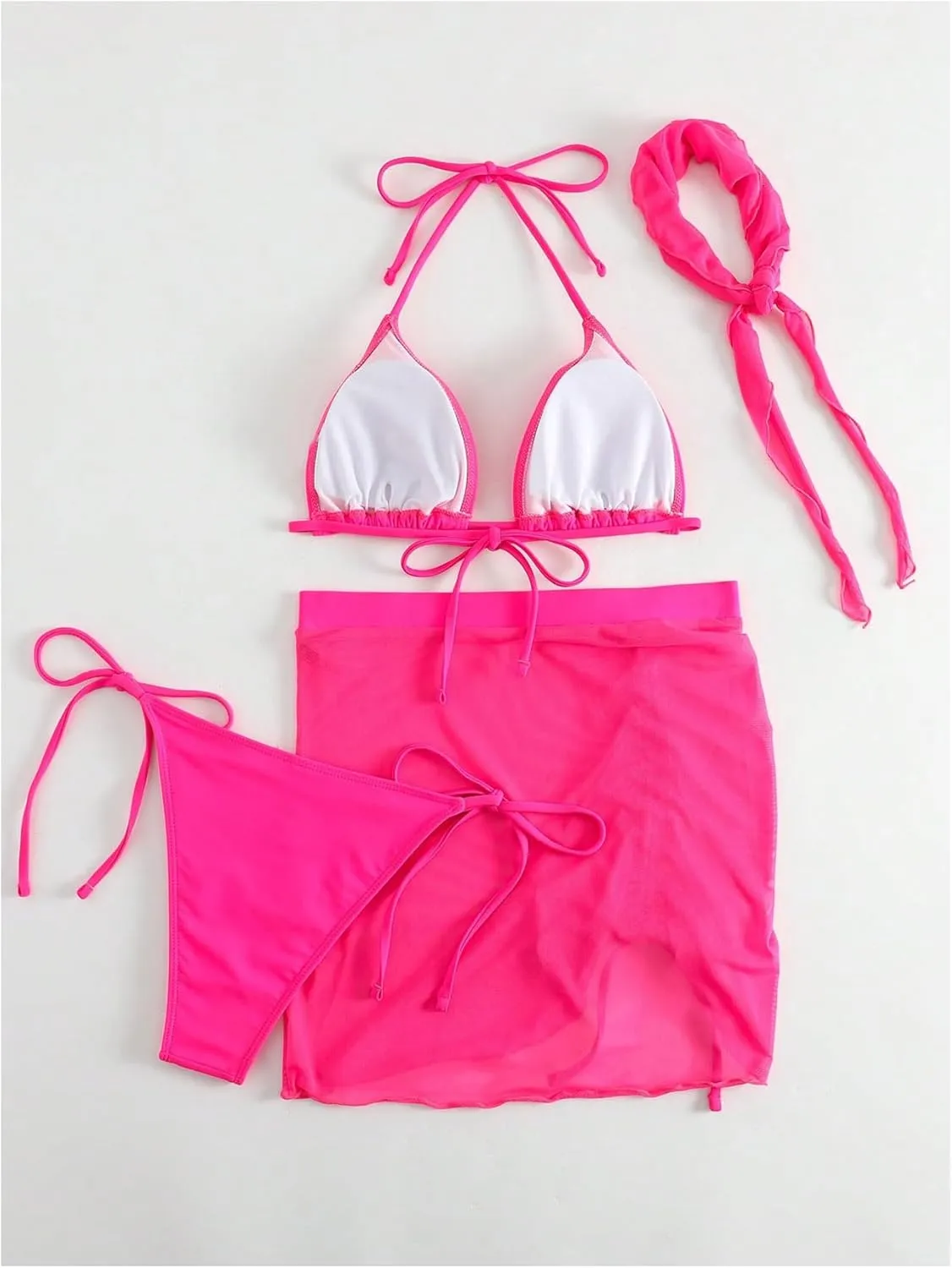 Women's 4 Piece Swimsuits Halter Triangle Bikini Sets Bathing Suit with Mesh Cover Up Skirt & Bandana