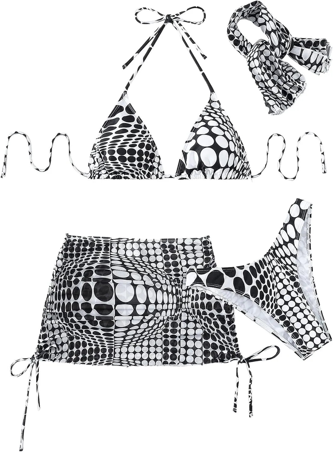 Women's 4 Piece Swimsuits Halter Triangle Bikini Sets Bathing Suit with Mesh Cover Up Skirt & Bandana