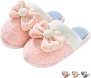 Women's Bow House Slippers Soft Fleece Plush Comfy Cotton Home Slippers with Bows Indoor Cute Bow Tie Slippers Cozy Slip On Slides Winter Warm Fuzzy Bedroom Slippers Shoes Non-Slip