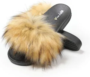 Women's Furry Slides Faux Fur Slides Fuzzy Slippers Fluffy Sandals Outdoor Indoor