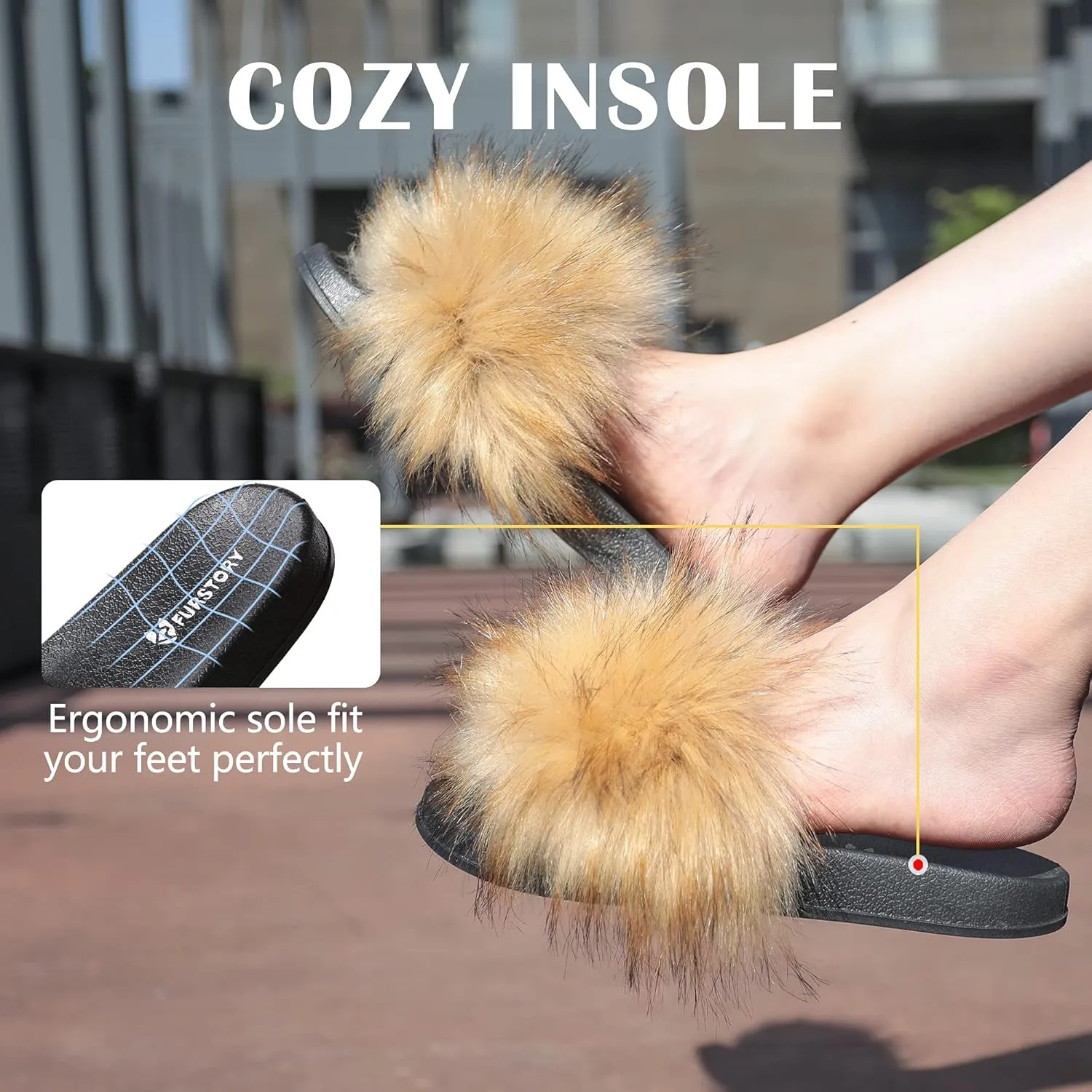 Women's Furry Slides Faux Fur Slides Fuzzy Slippers Fluffy Sandals Outdoor Indoor