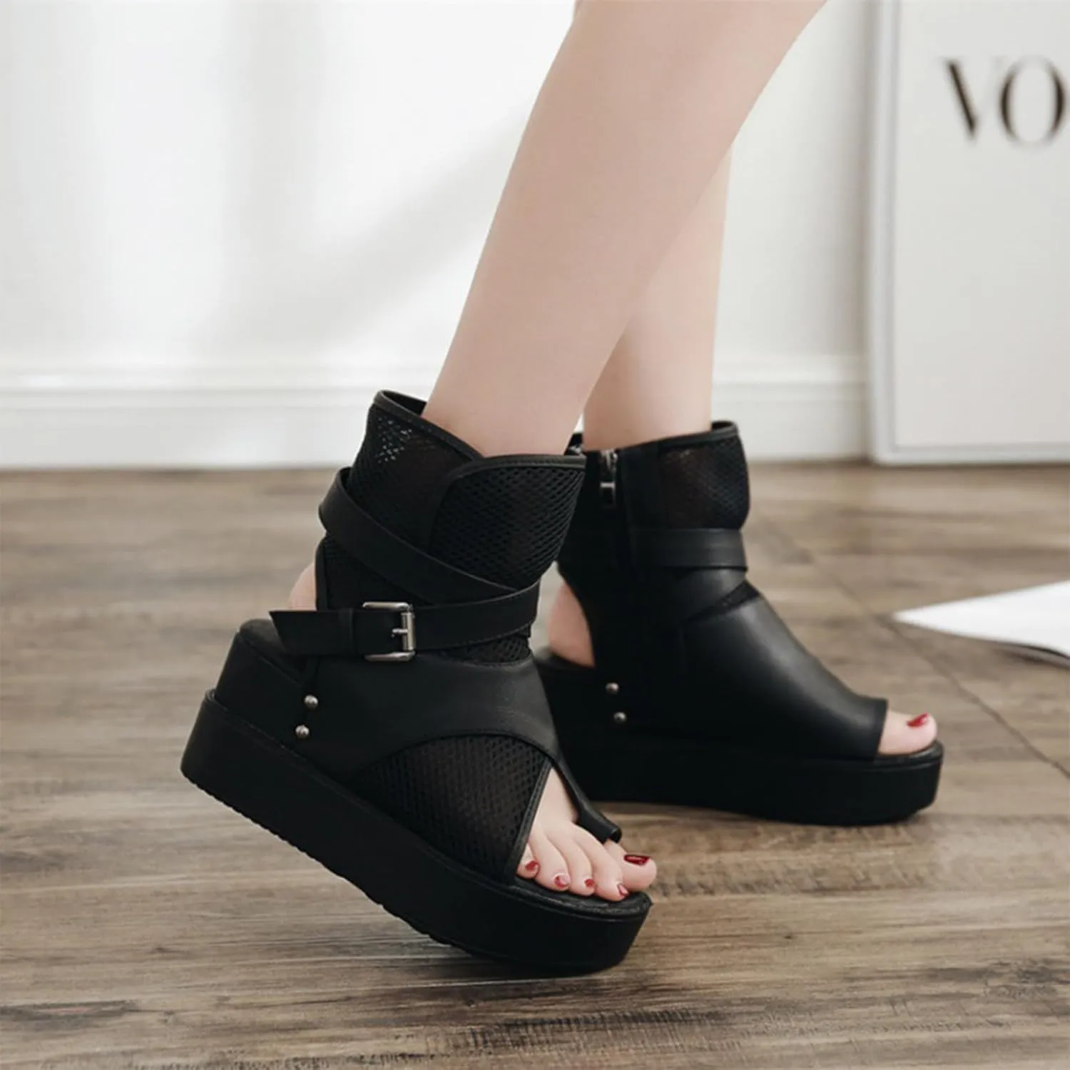 Women's Leather High Top Cut Out Platform Thong Sandals with Belt Buckle Summer Clip Toe Backless Casual Ankle Boots Lightweight Comfortable Roman Sandals