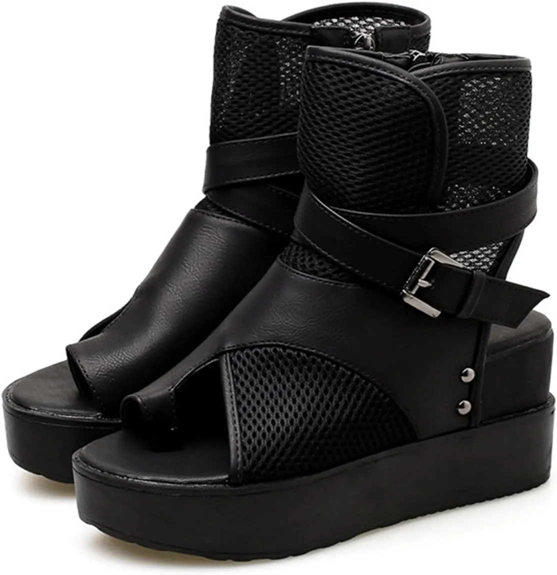 Women's Leather High Top Cut Out Platform Thong Sandals with Belt Buckle Summer Clip Toe Backless Casual Ankle Boots Lightweight Comfortable Roman Sandals