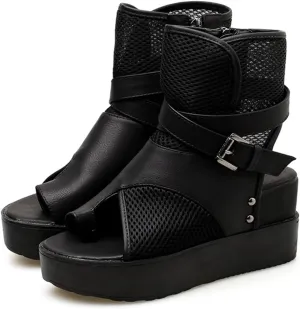 Women's Leather High Top Cut Out Platform Thong Sandals with Belt Buckle Summer Clip Toe Backless Casual Ankle Boots Lightweight Comfortable Roman Sandals