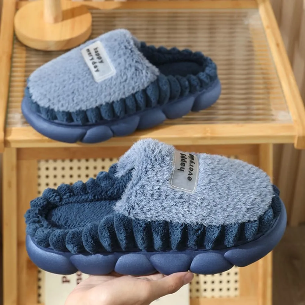 Womens Men Fuzzy Memory Foam Slippers Solid Fluffy Closed Toe Warm Winter Slippers Fur Cozy Platform Slide Slippers Comfy Soft Non-Slip House Shoes Indoor Outdoor
