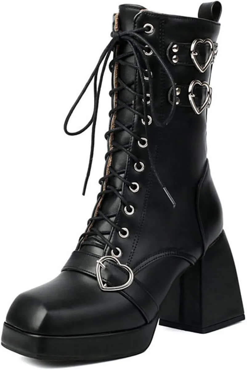 Women's Mid Calf Combat Boots Square Toe Block Heel Platform Lace Up Boots with Buckle Straps