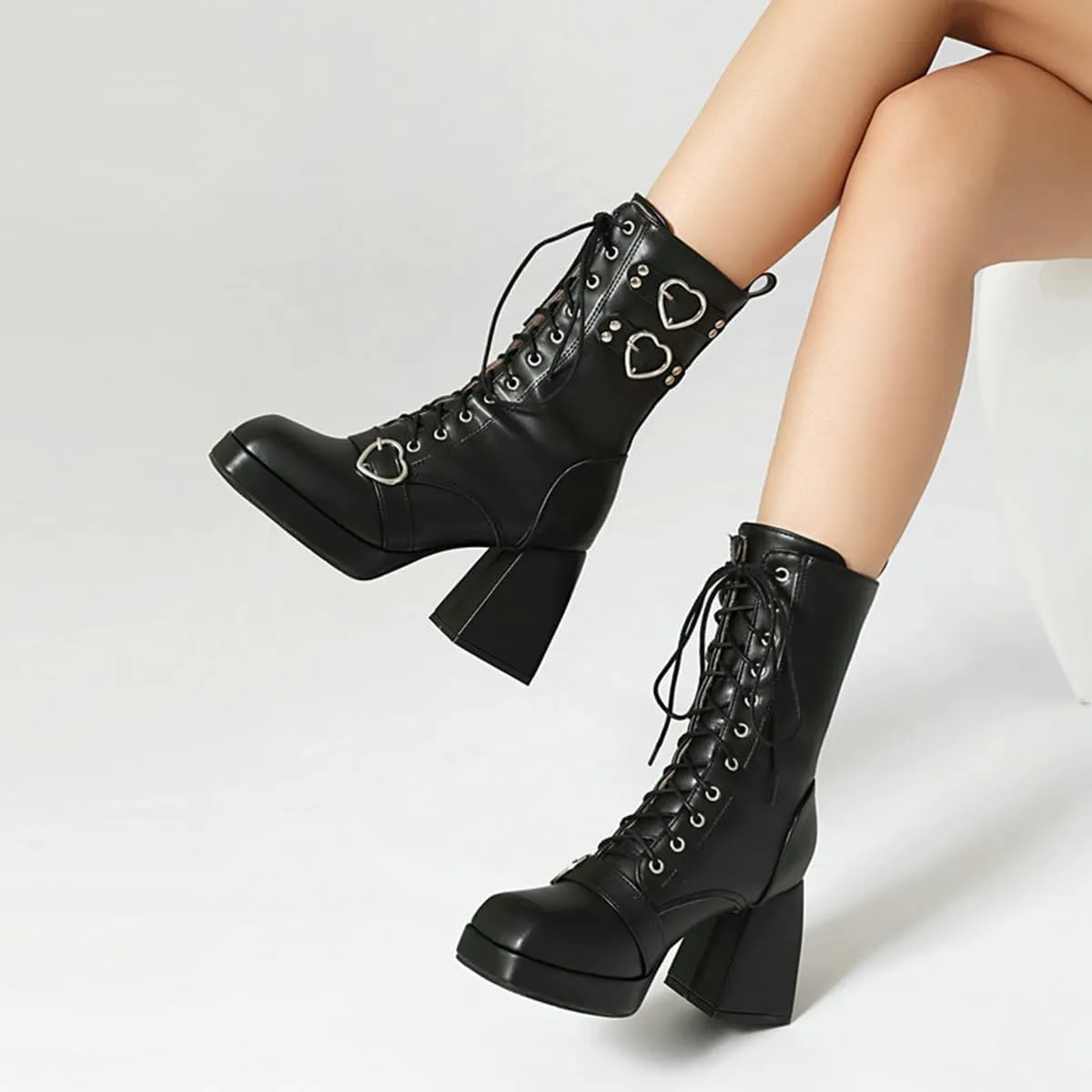 Women's Mid Calf Combat Boots Square Toe Block Heel Platform Lace Up Boots with Buckle Straps