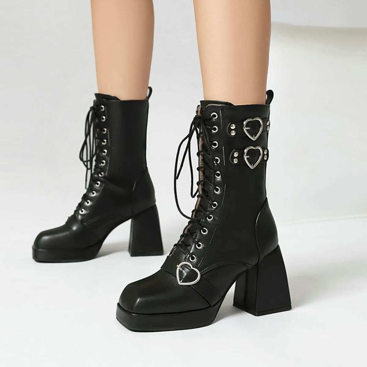 Women's Mid Calf Combat Boots Square Toe Block Heel Platform Lace Up Boots with Buckle Straps