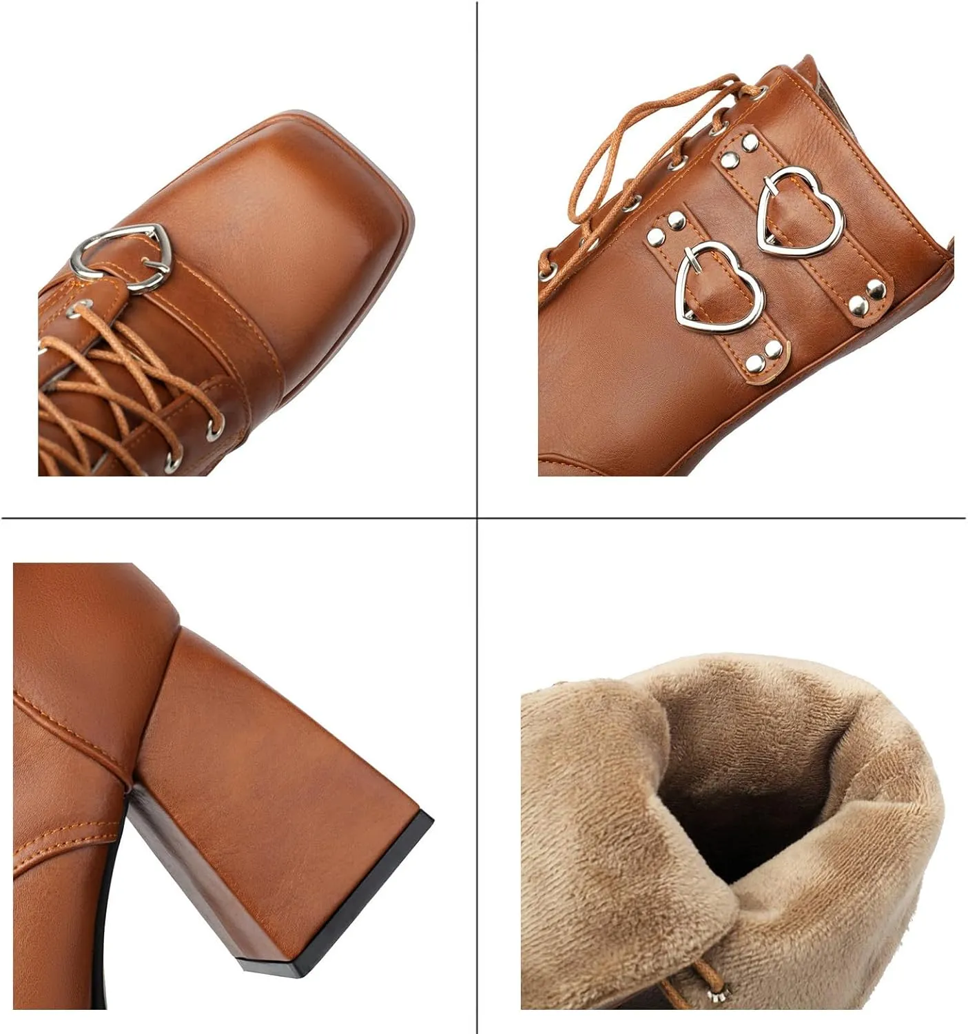 Women's Mid Calf Combat Boots Square Toe Block Heel Platform Lace Up Boots with Buckle Straps