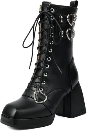 Women's Mid Calf Combat Boots Square Toe Block Heel Platform Lace Up Boots with Buckle Straps