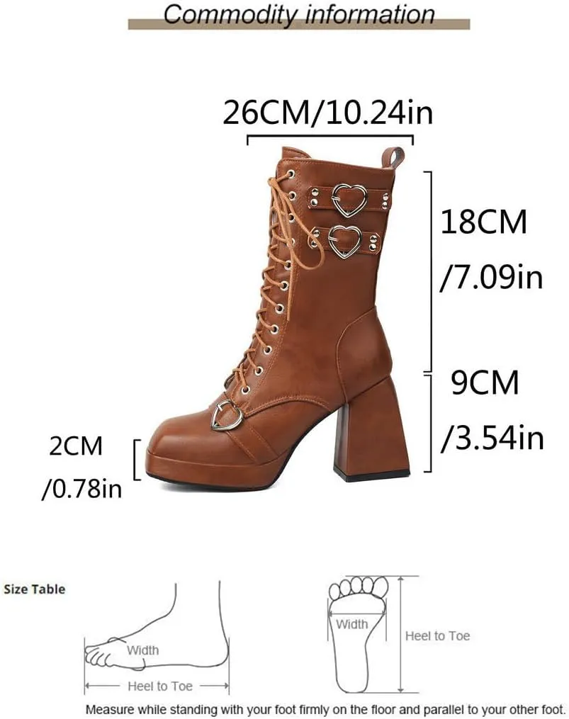 Women's Mid Calf Combat Boots Square Toe Block Heel Platform Lace Up Boots with Buckle Straps