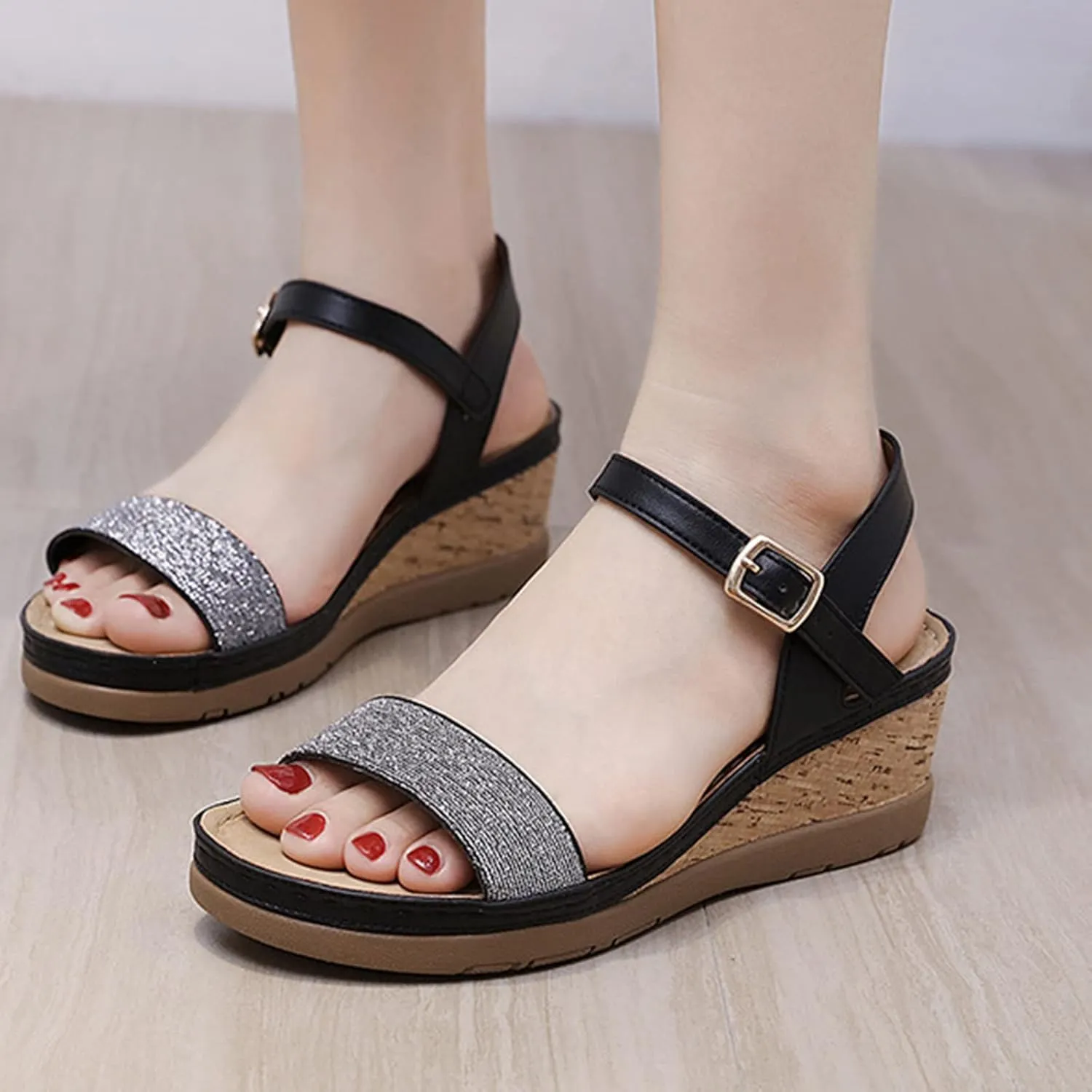 Women's Open Toe Sandals Ankle Strap Buckle Platform Wedge Slides Sandals Dressy Casual Summer Walking Shoes for Women Comfortable Outdoor Shoes