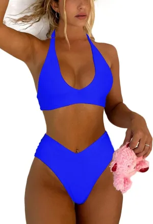 Women's Sexy High Leg Triangle Halter Bikini Set Padded Cup Bikini Cheeky Swimsuit V Cut Thong Bathing Suit