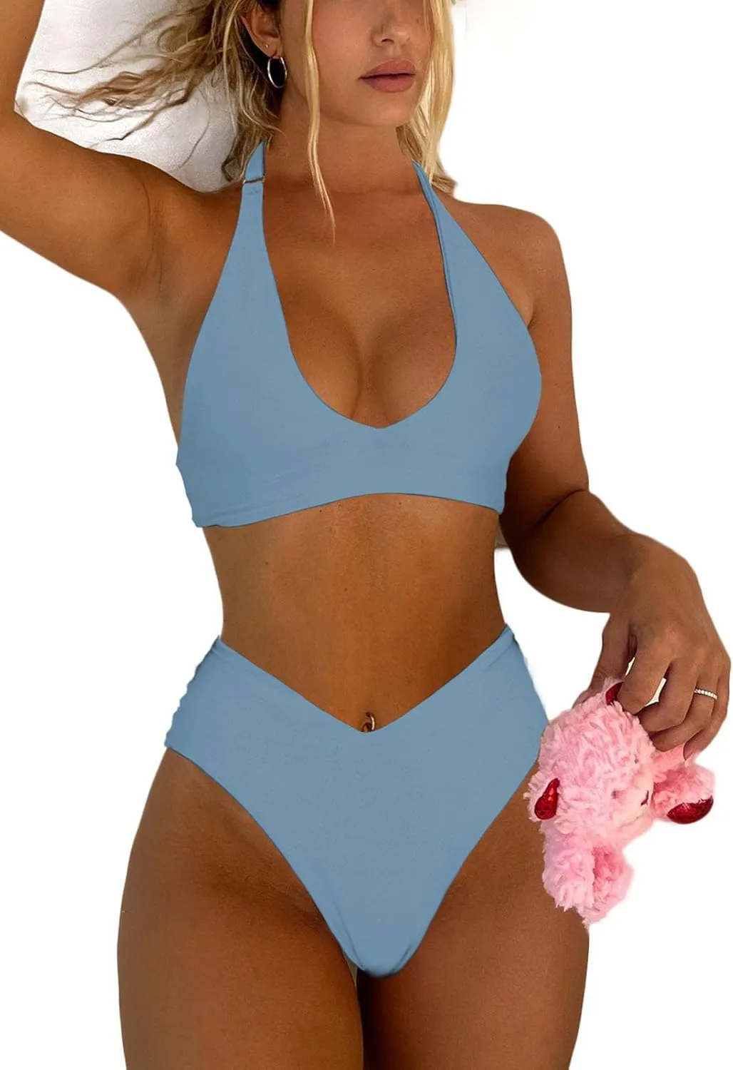 Women's Sexy High Leg Triangle Halter Bikini Set Padded Cup Bikini Cheeky Swimsuit V Cut Thong Bathing Suit